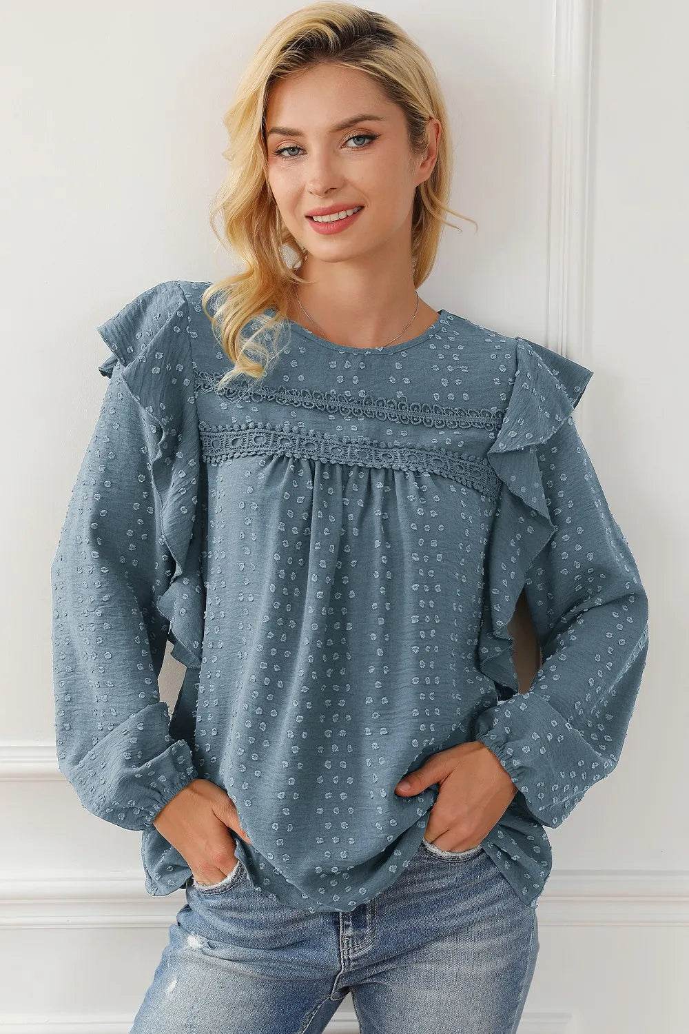 Round Neck Ruffled Blouse Air Force Blue Trendsi 80ef32a1c37b4acb914630f4ff1d0599-Max