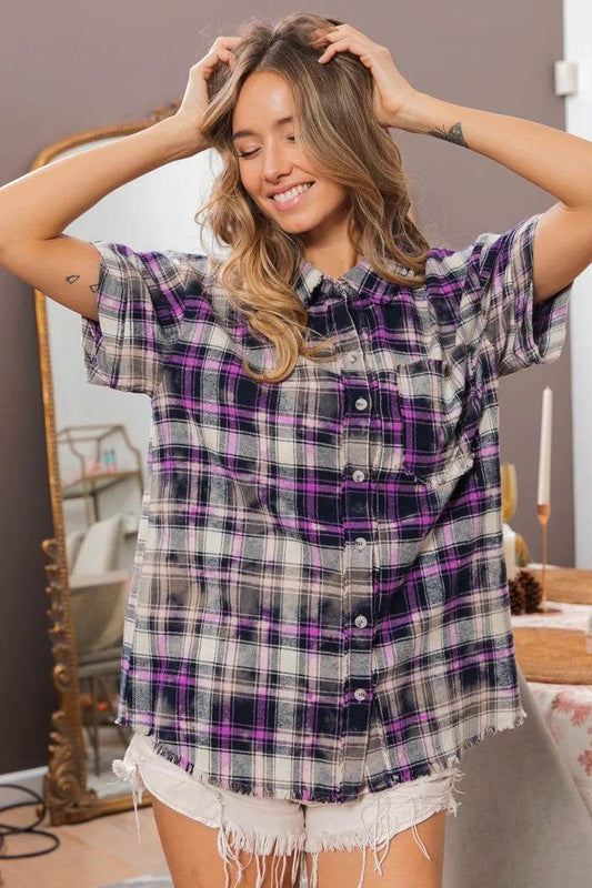 BiBi Mineral Washed Plaid Short Sleeve Shirt PURPLE MULTI Trendsi 80fc30fcede8448eab07a27f5add88af-Max-Origin