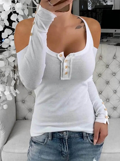 Cold Shoulder Ribbed Henley T-Shirt with Button Detail White Trendsi 810576d66530467e8126bb89d2b372d3-Max-Origin