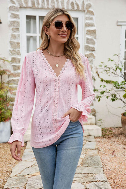 Eyelet Lace Trim Flounce Sleeve Blouse Blush Pink Trendsi 811559ec37534617a69825b6552be8ce-Max