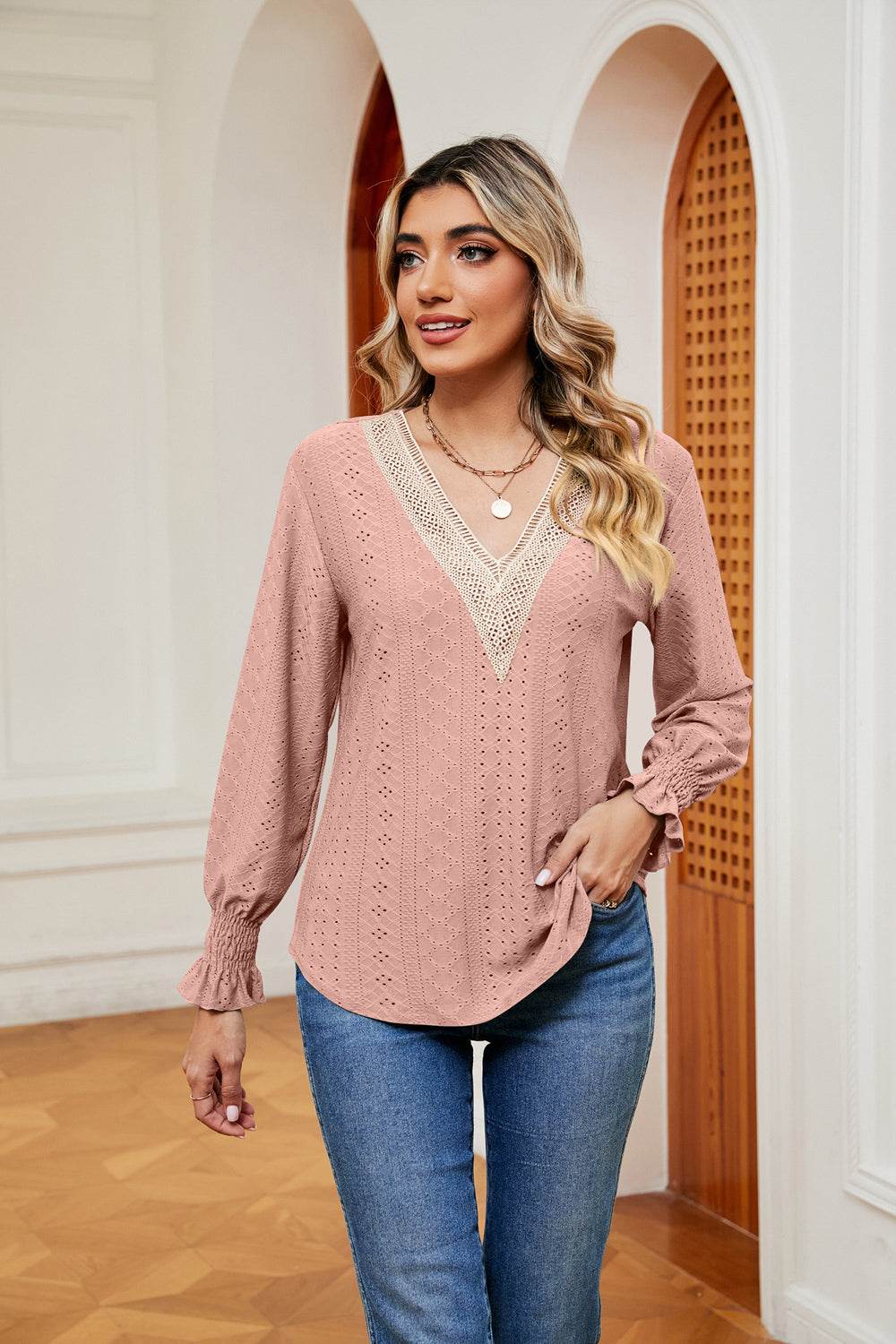 Contrast Flounce Sleeve Blouse Dusty Pink Trendsi 8127a9e02df4433586dcec56e1e0cdf1-Max
