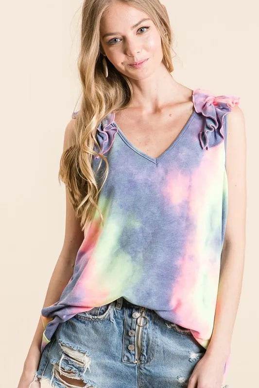 BiBi Tie Dye French Terry V Neck Top with Ruffle Trendsi 814d943e593344f699782d492c96aedb-Max-Origin