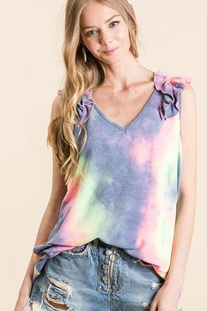 BiBi Tie Dye French Terry V Neck Top with Ruffle Trendsi 814d943e593344f699782d492c96aedb-Max-Origin
