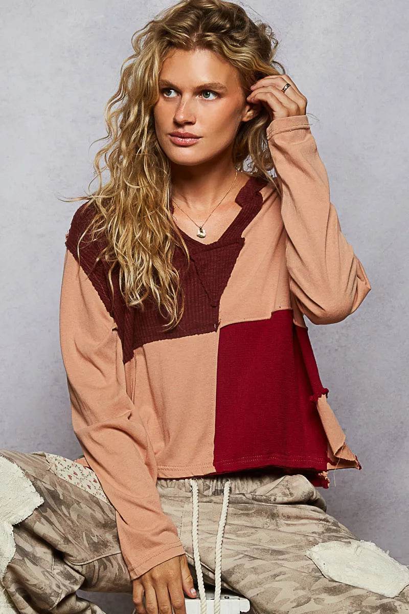 POL Color Block Notched Long Sleeve T-Shirt Burnt Coral Trendsi 8204526e-feda-47ab-b591-553012f8b34b-Max-Origin
