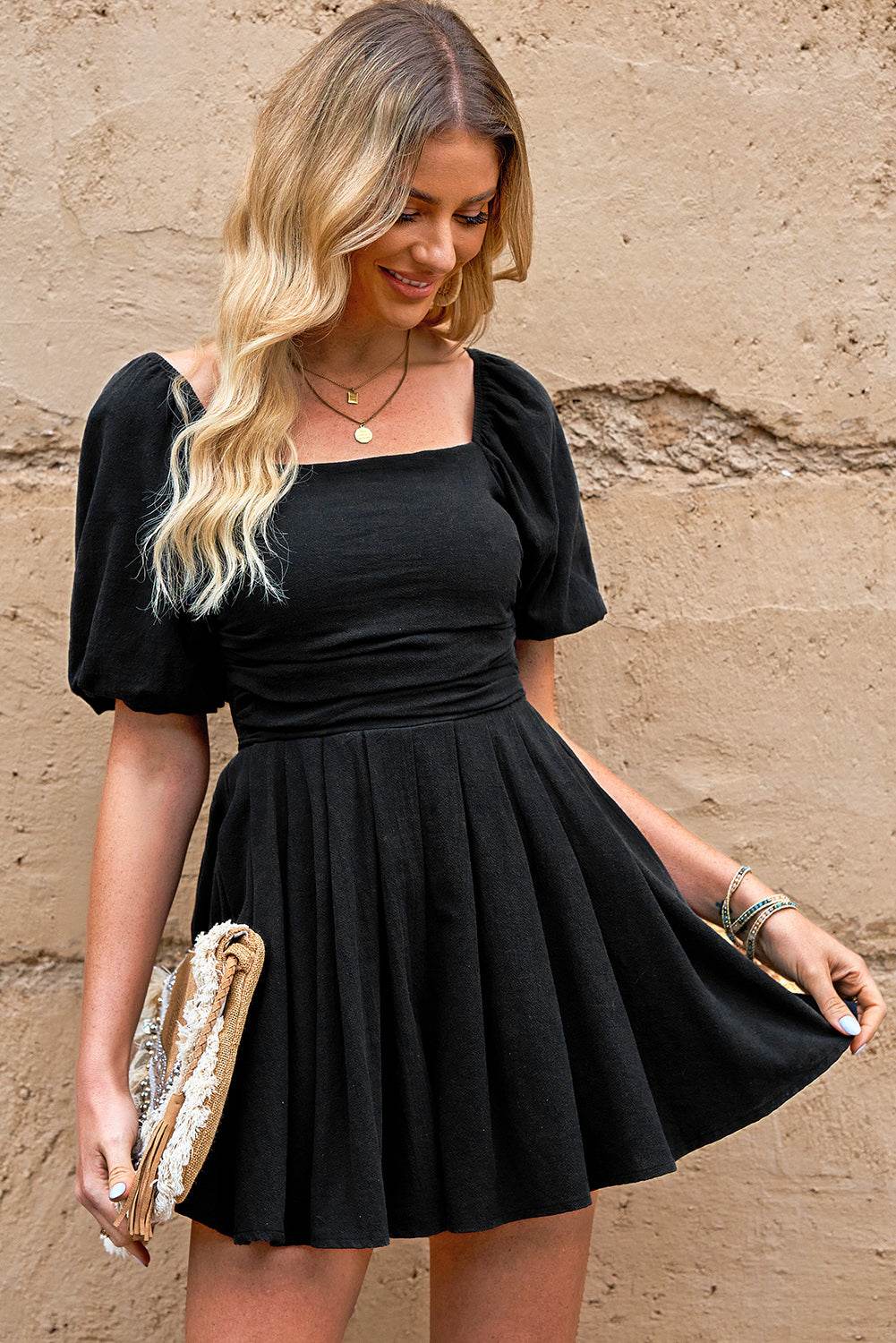 Square Neck Pleated Romper with Pockets Trendsi 8221e4f1490447b58924aeb2d50fa159-Max