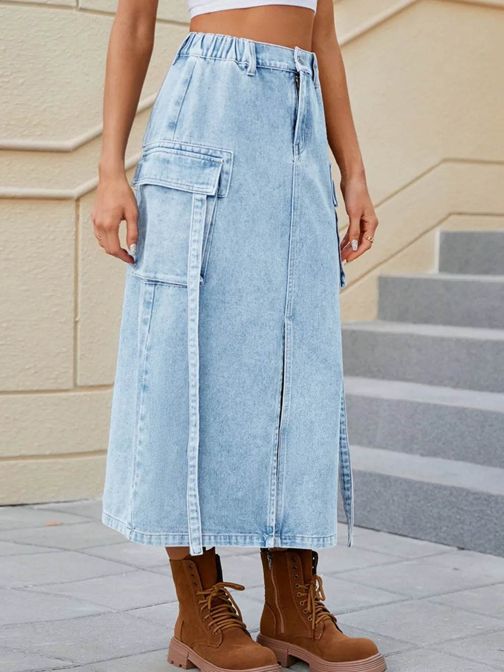 Slit Pocketed High Waist Denim Skirt Trendsi 8228936e-d98d-4005-a09d-80d842fc150a-Max