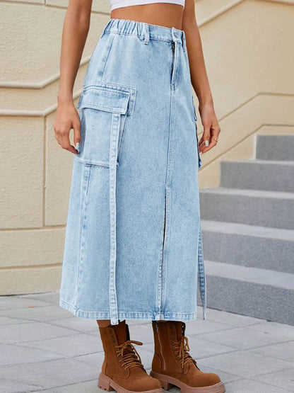Slit Pocketed High Waist Denim Skirt Trendsi 8228936e-d98d-4005-a09d-80d842fc150a-Max