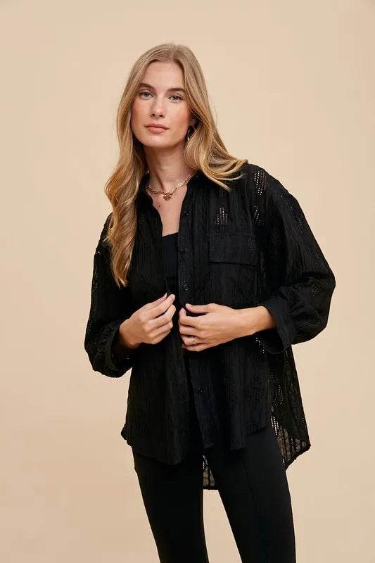 Annie Wear Openwork Button Down Drop Shoulder Shirt Black Trendsi 823f2130-ae22-4846-b0dd-7868c8155997-Max