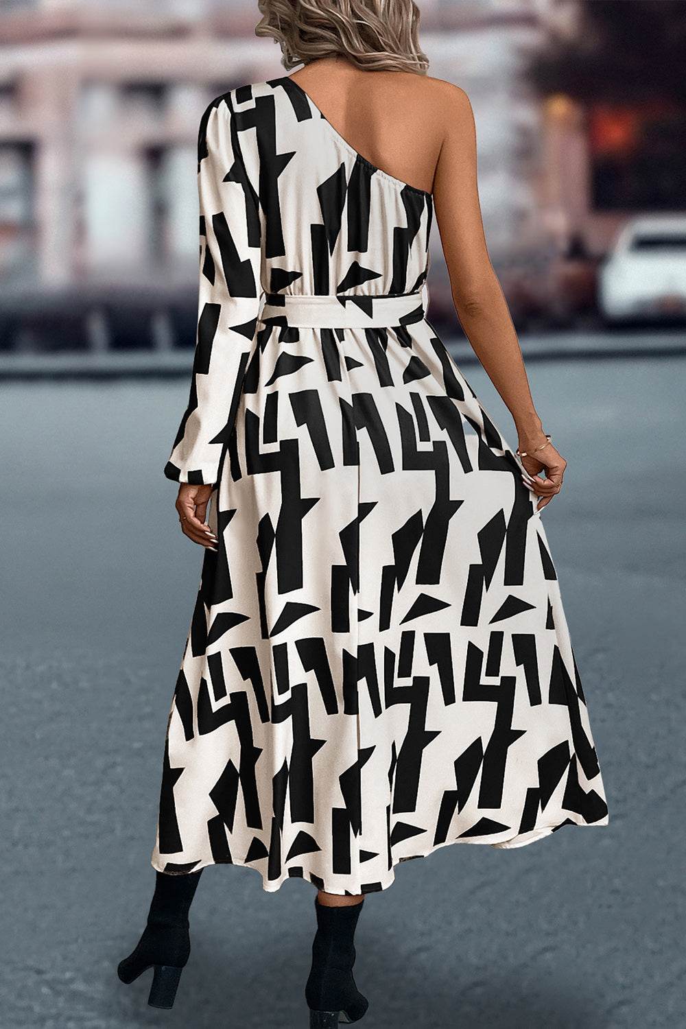 Printed One-Shoulder Tie Waist Dress Trendsi 8243182f27914131a57978a0d3a9724c-Max