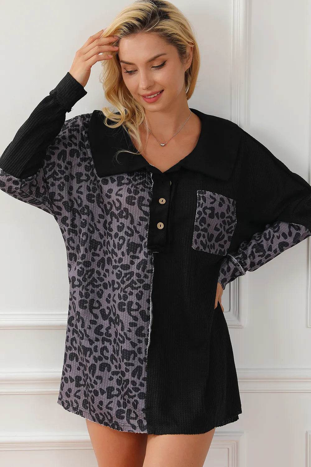 Half Button Leopard Collared Neck Blouse Trendsi 82494f5896064319aae90928a486ce90-Max