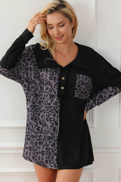 Half Button Leopard Collared Neck Blouse Trendsi 82494f5896064319aae90928a486ce90-Max