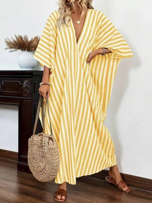 Striped V-Neck Maxi Dress Pastel Yellow Trendsi 824da3a03e3142d7af1e2bafb42fb345-Max-Origin