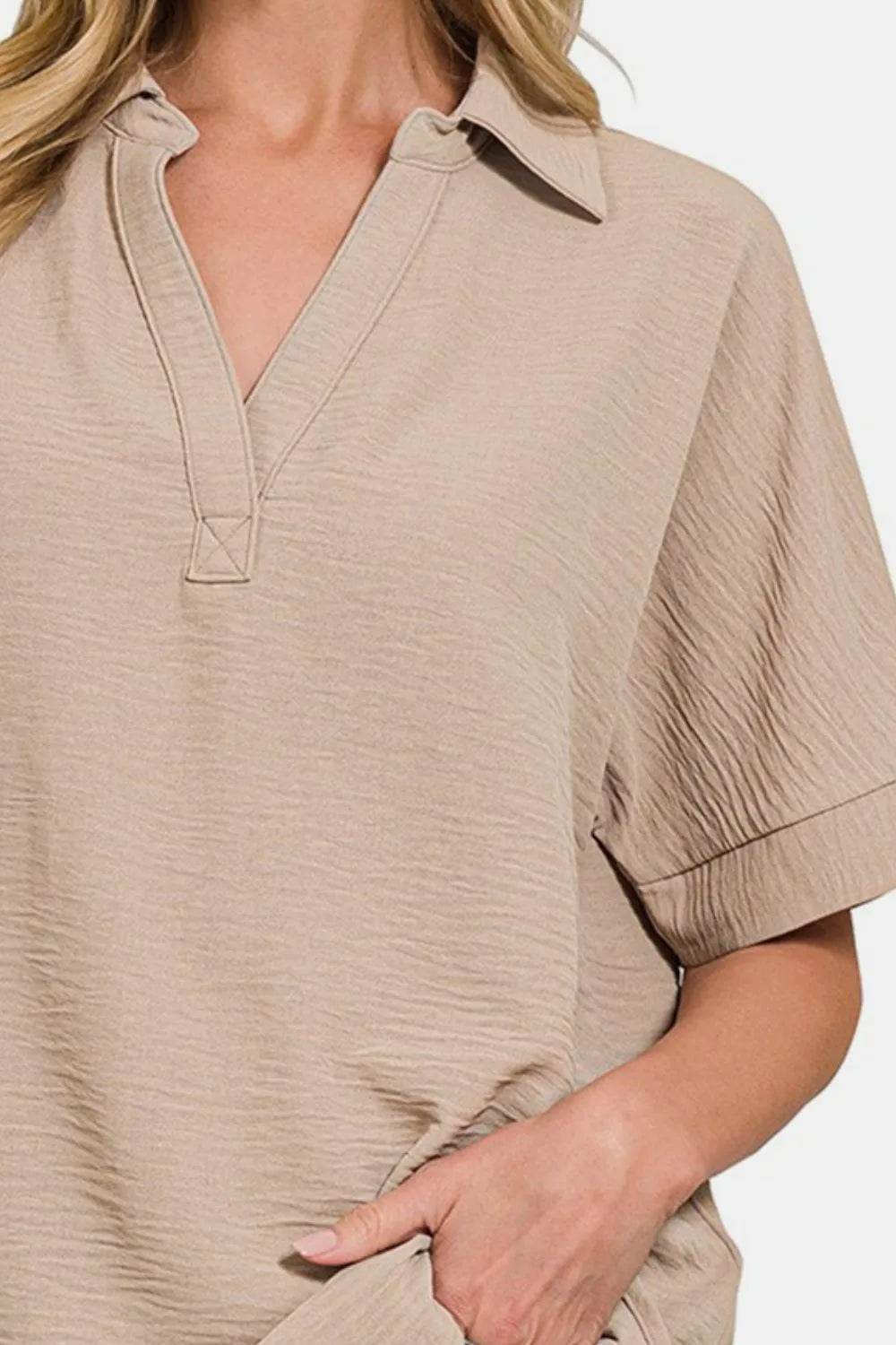 Zenana Texture Collared Neck Short Sleeve Top Trendsi 82540bb9-14da-4a9e-b740-cffd0f08715c-Max