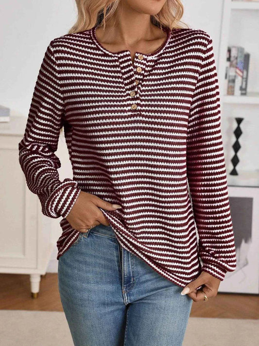 Striped Button Detail Long Sleeve Top Wine Red Trendsi 82705c948504421e9abc8abcae64c043-Max-Origin