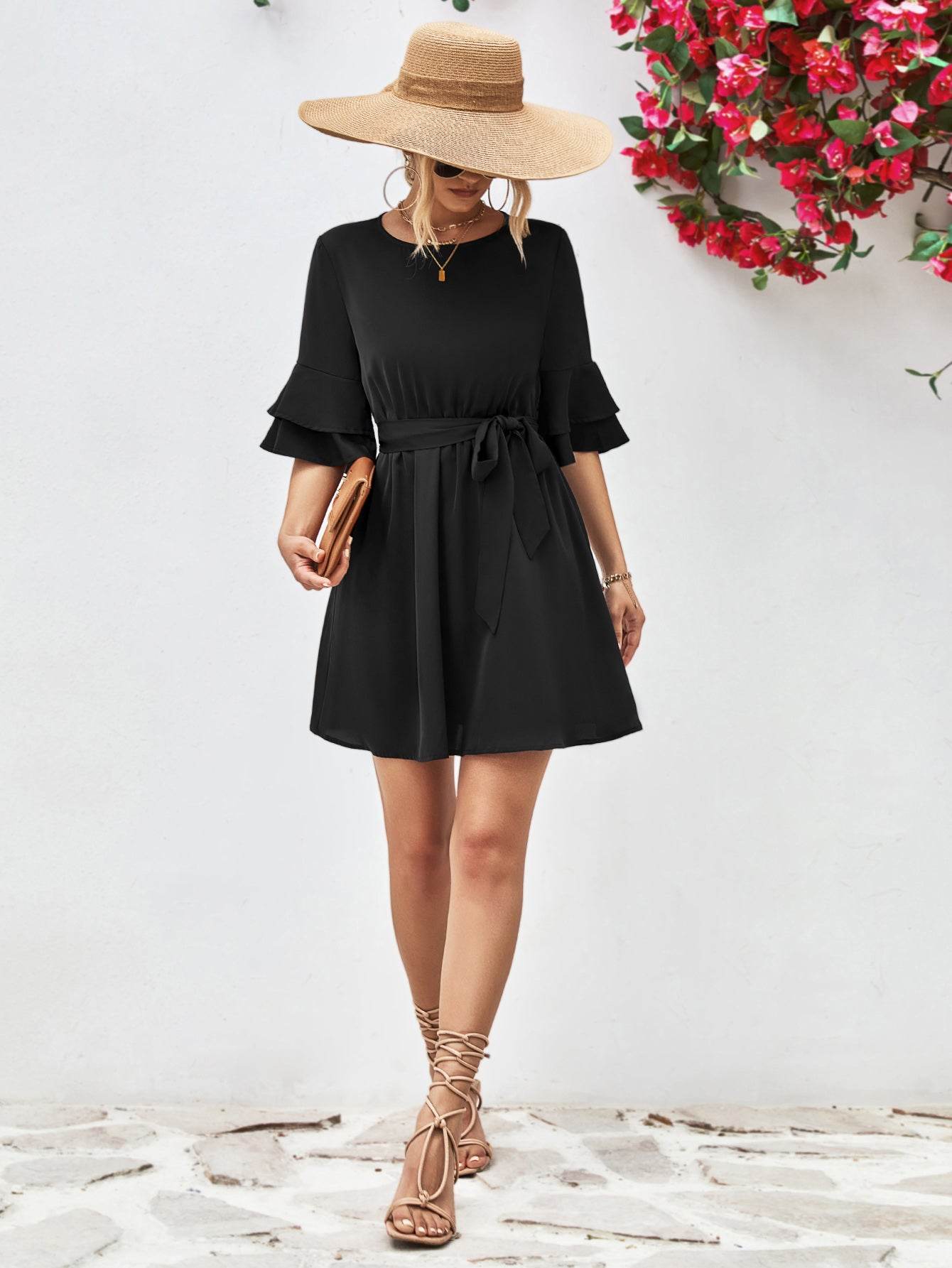 Round Neck Tie Belt Flounce Sleeve Dress Trendsi 82897c4f68d945349df117fb185ffa3e-Max