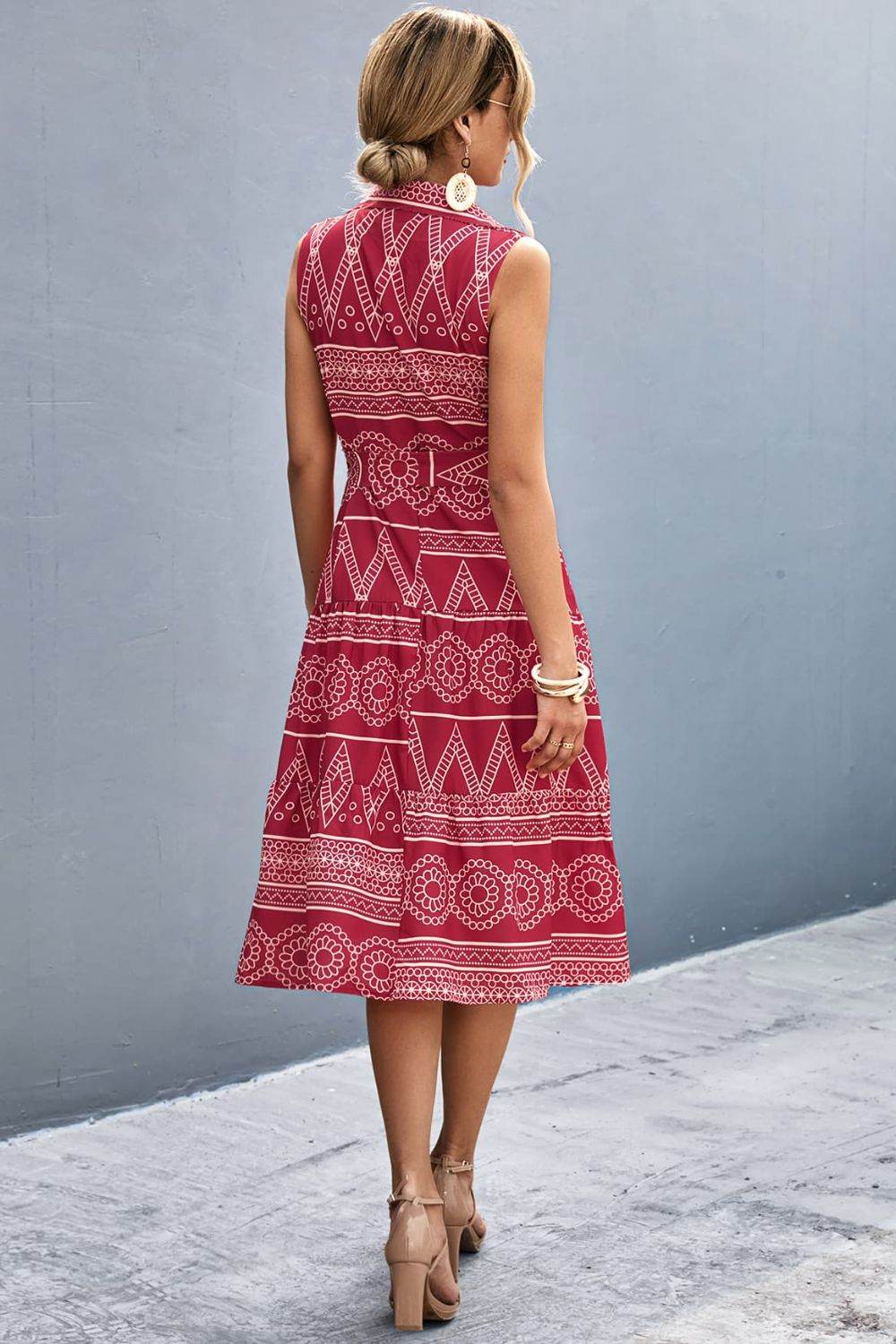 Printed Button Front Tie-Waist Sleeveless Collared Dress Trendsi 8295283f8d4742aa96e45094f97964e0-Max