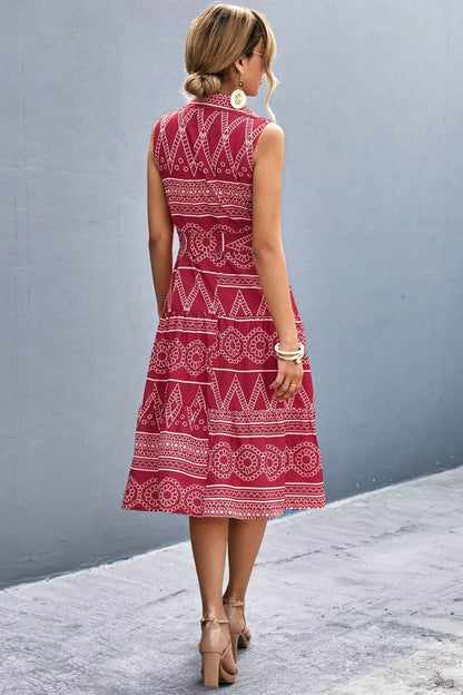 Printed Button Front Tie-Waist Sleeveless Collared Dress Trendsi 8295283f8d4742aa96e45094f97964e0-Max