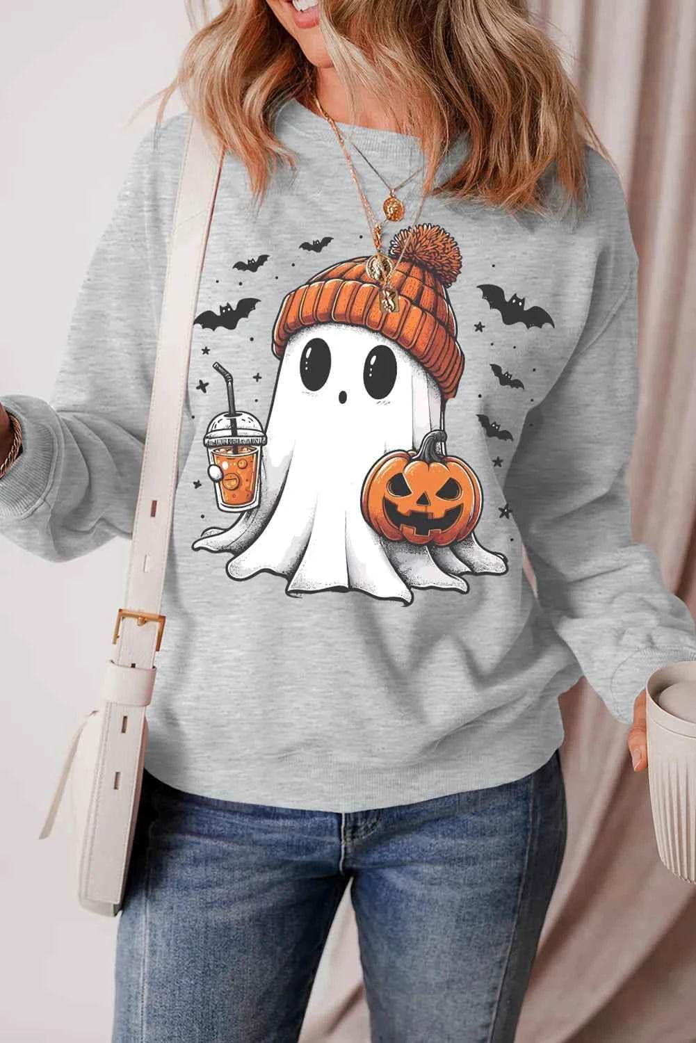 Ghost Round Neck Long Sleeve Sweatshirt Gray Trendsi 82c82c54-7429-4514-86bb-9e6a6dca5b7a-Max