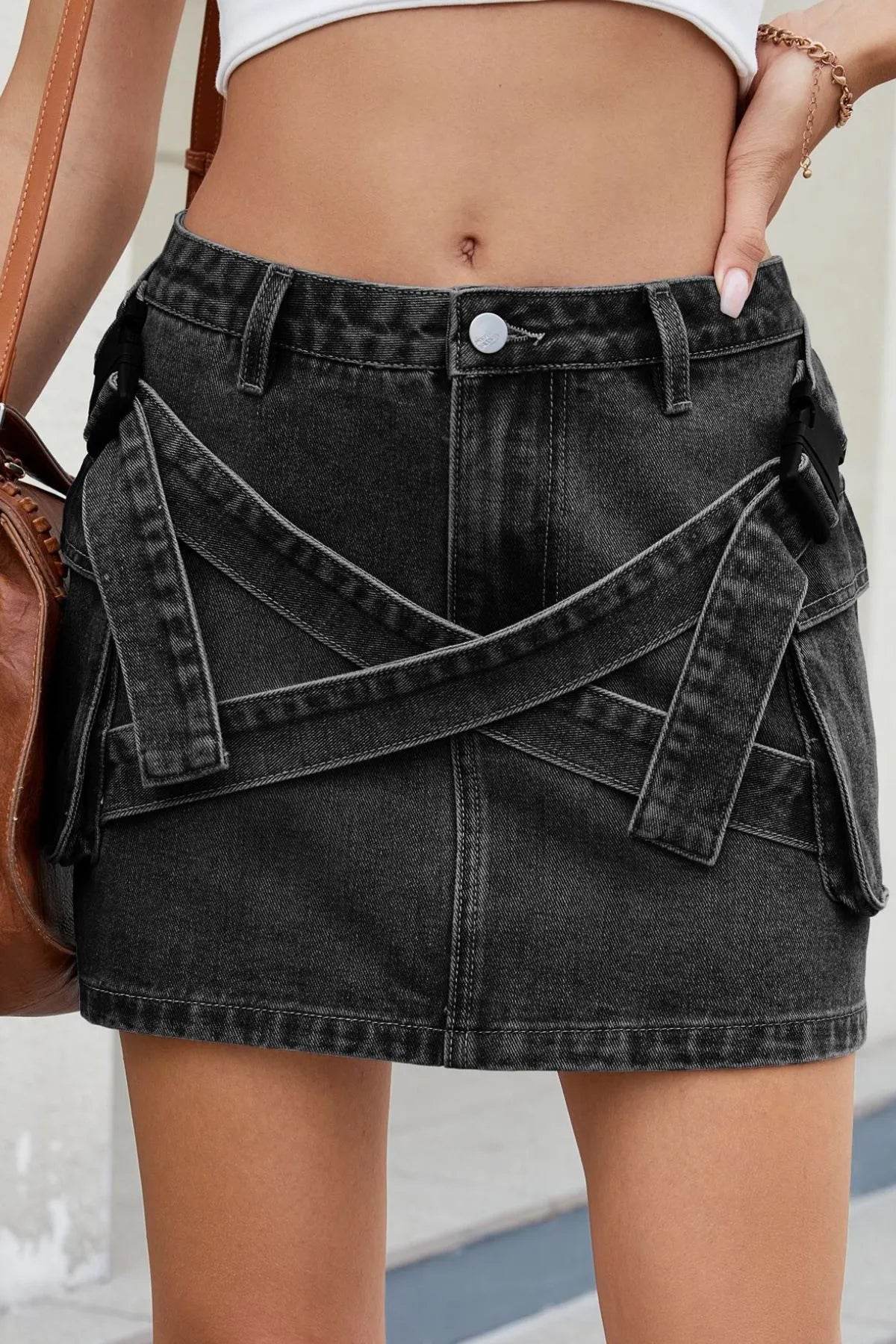Criss-Cross Waist Detail Denim Mini Skirt Black Gray Trendsi 82cfe231-51d3-4f04-80aa-631caa93f28c-Max-Origin
