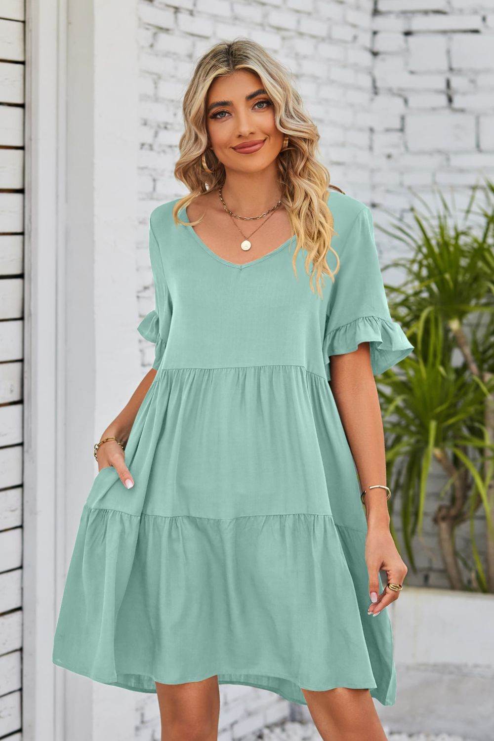 Mandy V-Neck Flounce Sleeve Tiered Dress Light Green Trendsi 82f9b028bf0c4b5e87d21e9609589c55-Max