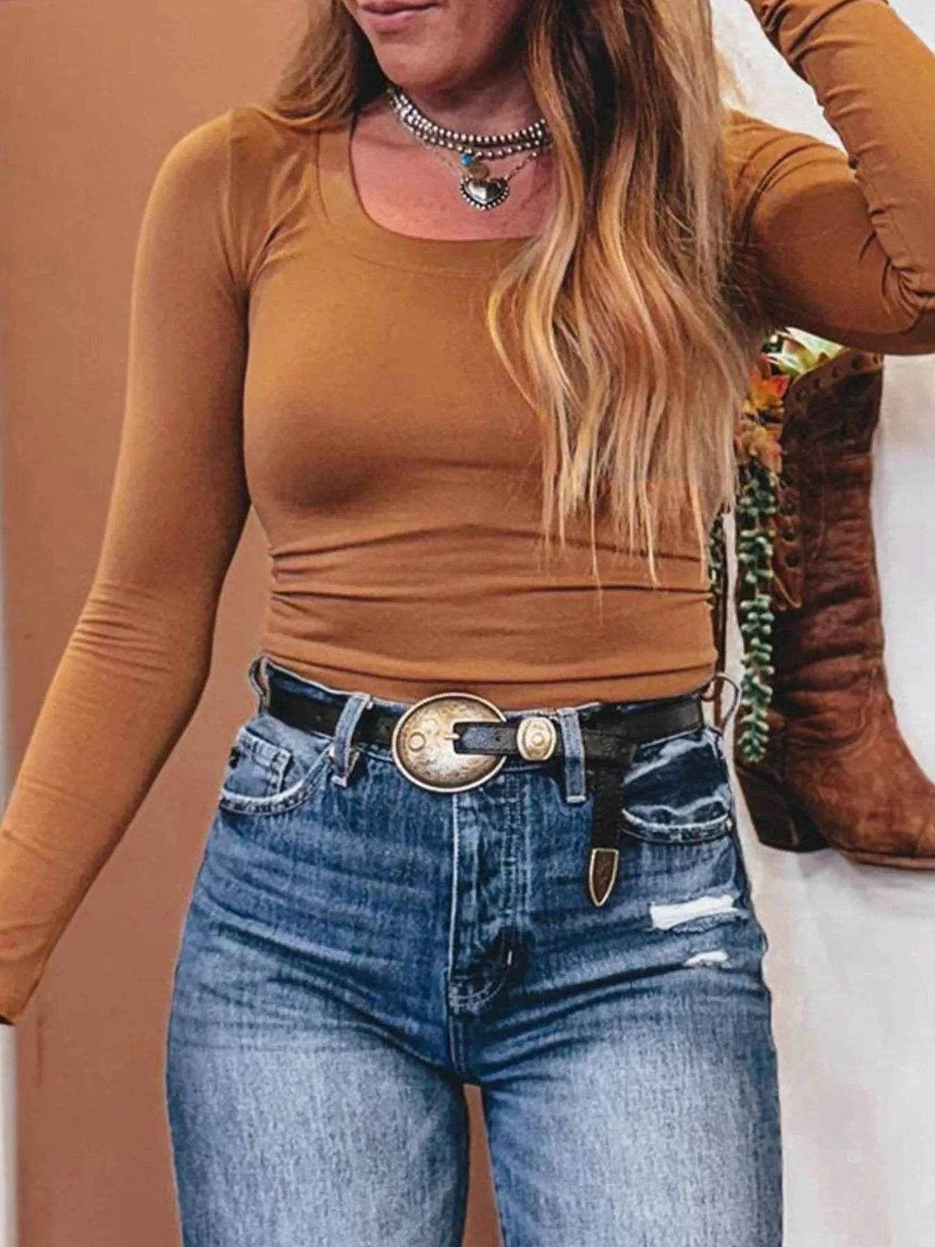 Long Sleeve Crop T-Shirt Camel Trendsi 83049282-f4c6-447f-88e4-5cf75f94a2b9-Max-Origin