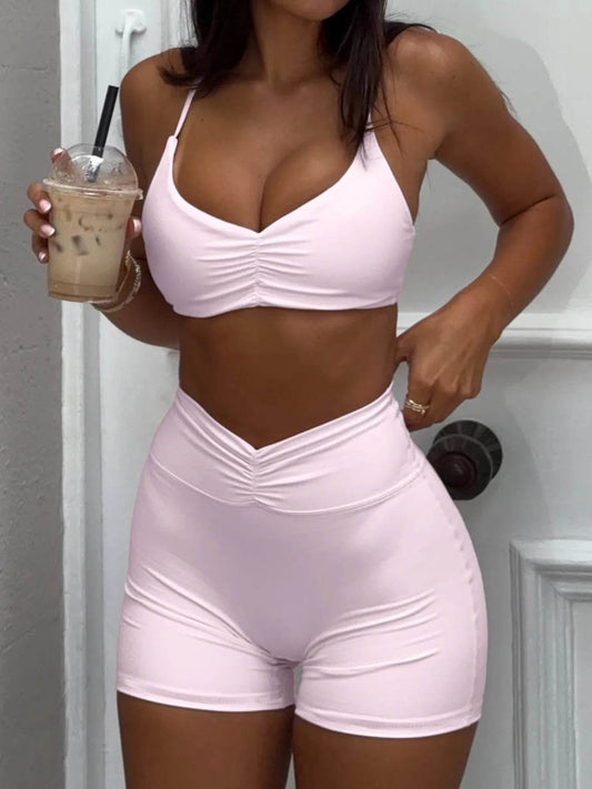 Ruched Sports Bra and High-Waisted Shorts Active Set Pink Trendsi 831d8f1bc6d34234ad68675383084a38-Max-Origin