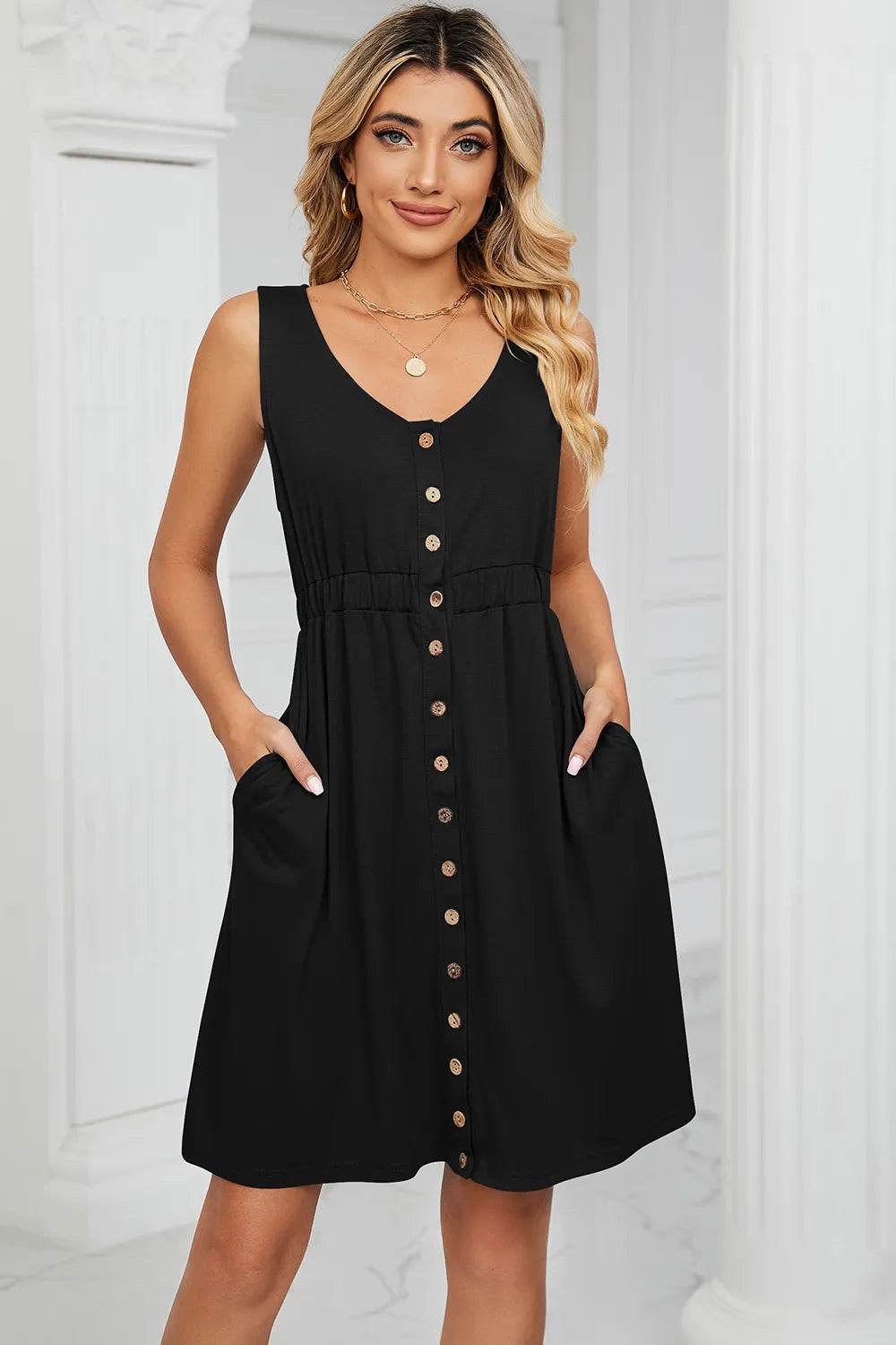 Buttoned Wide Strap Mini Dress Trendsi 8331a960-9174-4686-a55f-4a5fbf2dc29f-Max