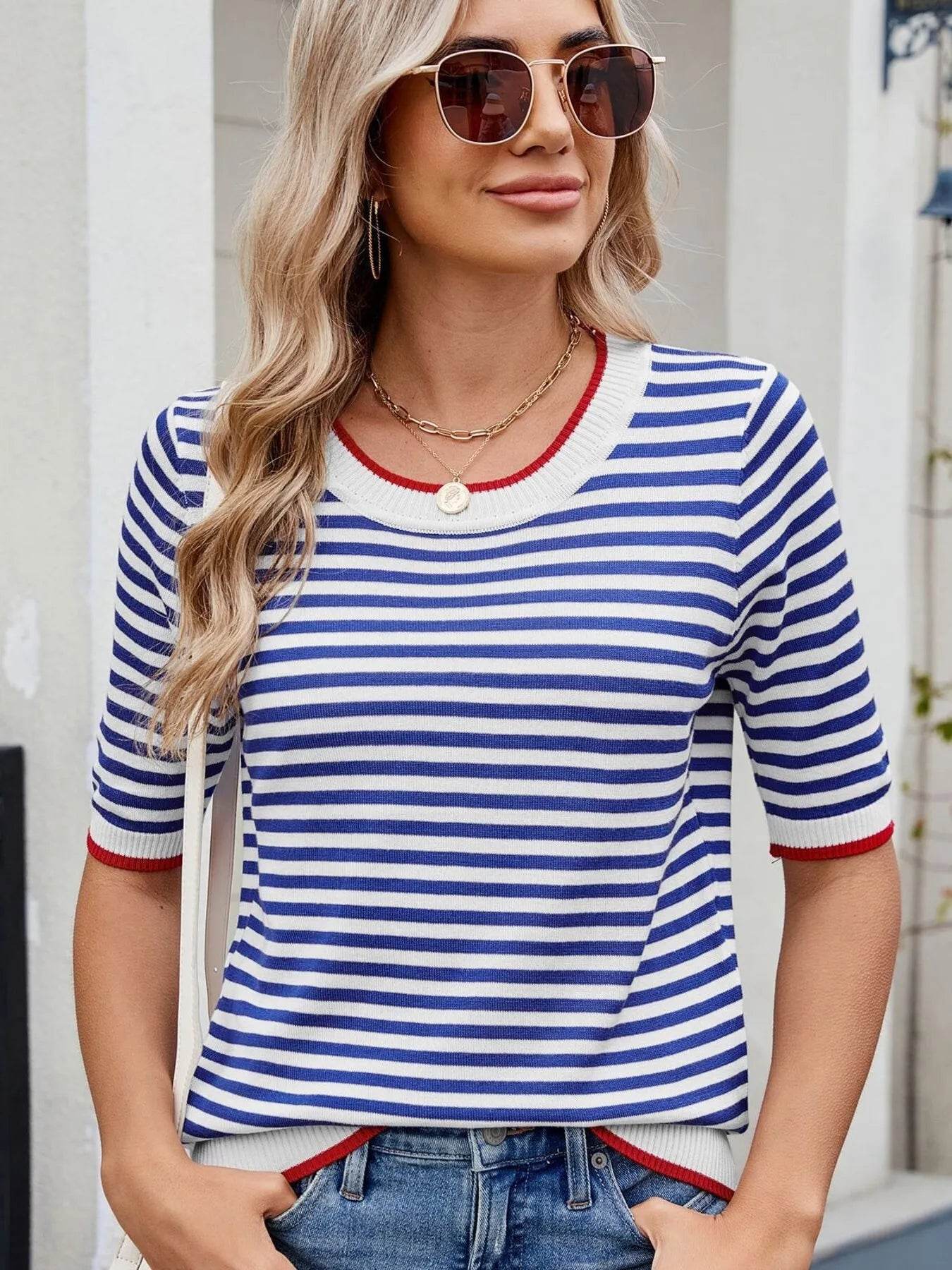 Striped Casual T-Shirt with Contrast Trim Trendsi 833207177f72404fa08772c241b9675f-Max-Origin