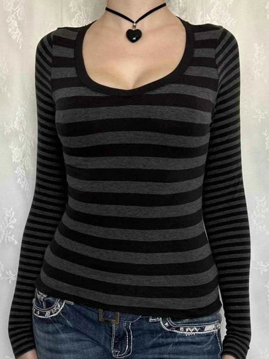 Striped Long Sleeve Contrast T-Shirt Dark Gray Trendsi 8339d8c762804f548034ca6773ed2360-Max-Origin
