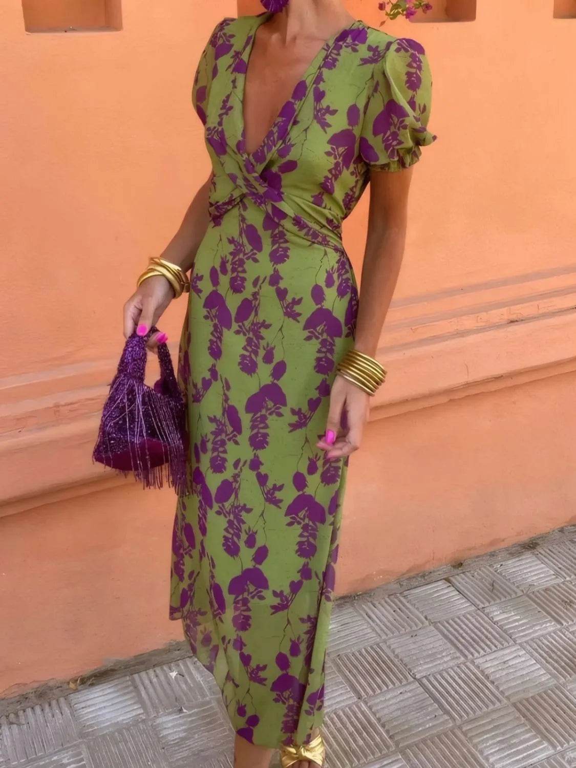 Printed Plunge Short Sleeve Midi Dress Trendsi 833e0991-ac1e-4fe2-bfdd-73a19aabec69-Max-Origin