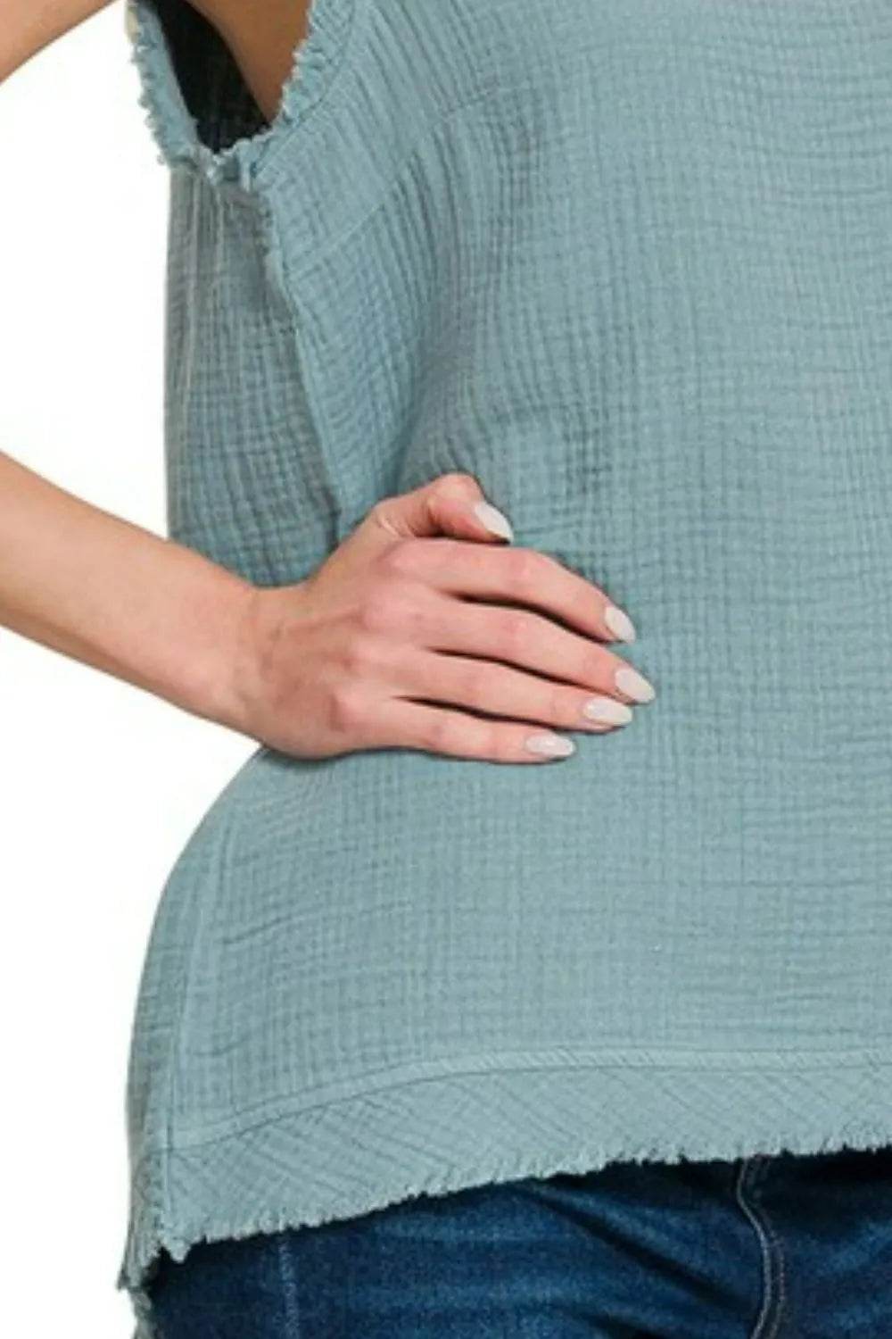 Zenana Double Gauze Raw Edge V-Neck Tank Trendsi 8344c2b6-3dd8-4336-8b34-fbbf21c81468-Max-Origin