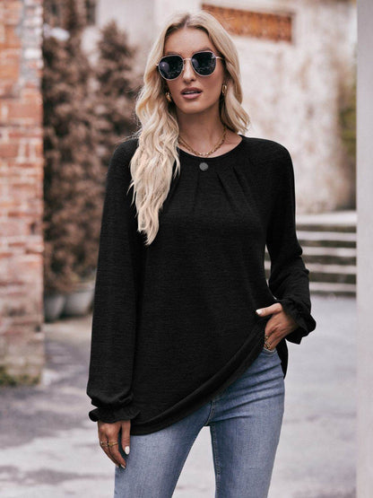 Mandy Long Flounce Sleeve Round Neck Blouse Black Trendsi 8355a1dab04a4fbfb8c20e43c2ac4ffa-Max