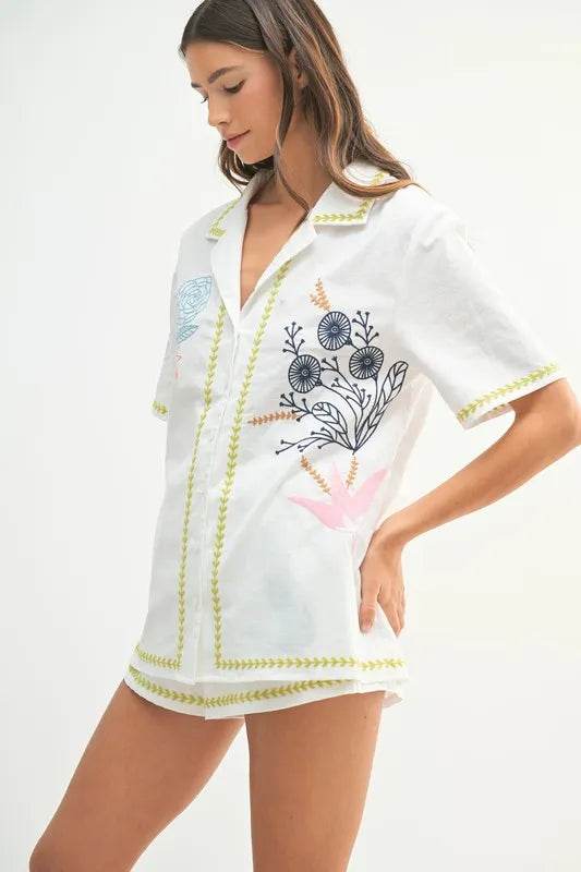 MABLE Embroidered Button Down Shirt and Shorts Set Trendsi 8372d64ccfd74ce8b2becbf157f54ec7-Max-Origin