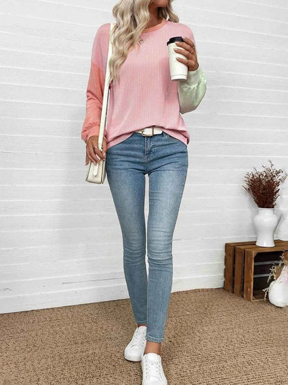 Color Block Ribbed Long Sleeve T-Shirt Trendsi 8387d990-d9d0-4dd3-be14-0b236741365c-Max-Origin