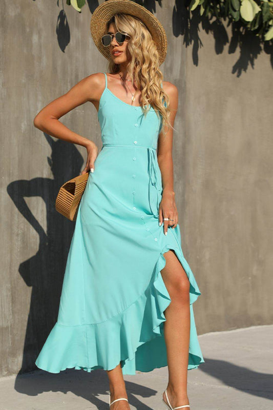 Shiny Decorative Button Spaghetti Strap Ruffle Hem Dress Aqua Trendsi 838a8fb7f90b4af8bb42414c04e9dca8-Max