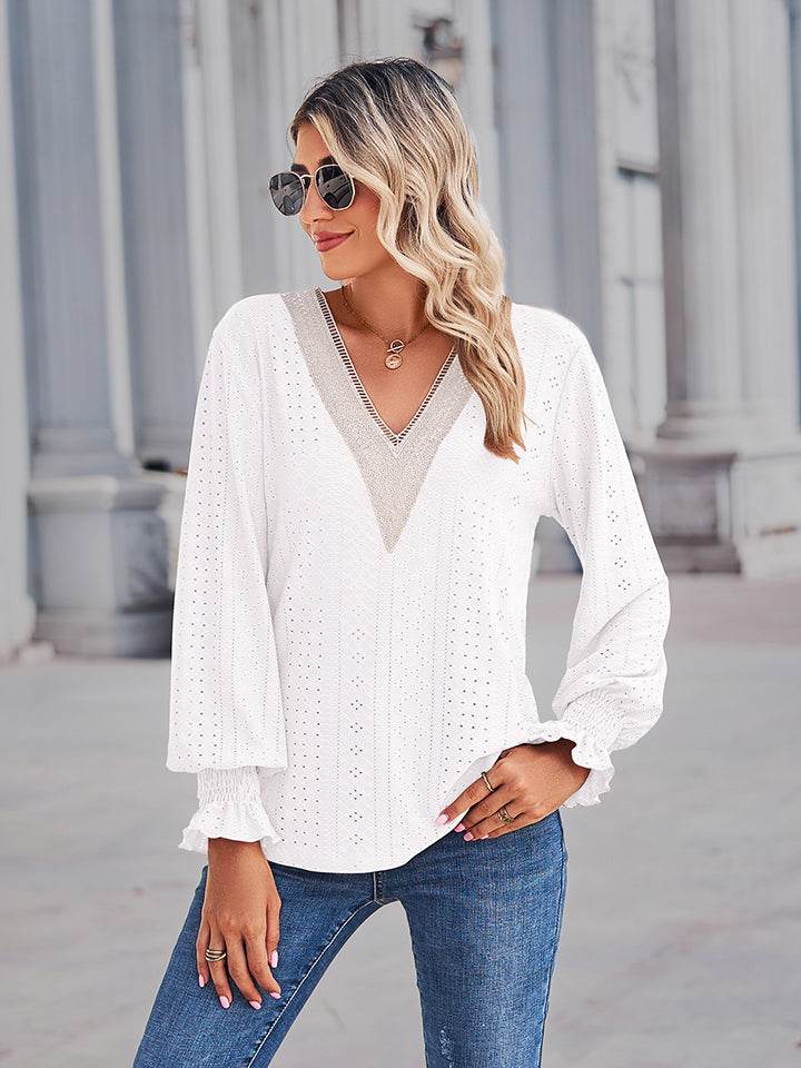 V-Neck Eyelet Flounce Sleeve Blouse Trendsi 83ae22e60ced4adfa98556ad7eb07705-Max