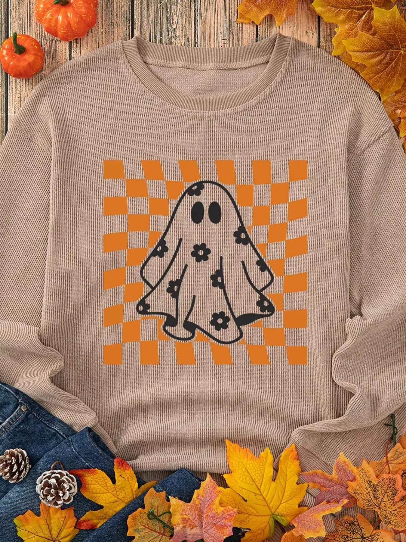 Halloween Checkerboard Floral Ghost Graphic Corded Sweatshirt Trendsi 83c509ed53eb4efd91fe035180df547b-Max-Origin