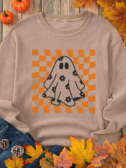 Halloween Checkerboard Floral Ghost Graphic Corded Sweatshirt Trendsi 83c509ed53eb4efd91fe035180df547b-Max-Origin