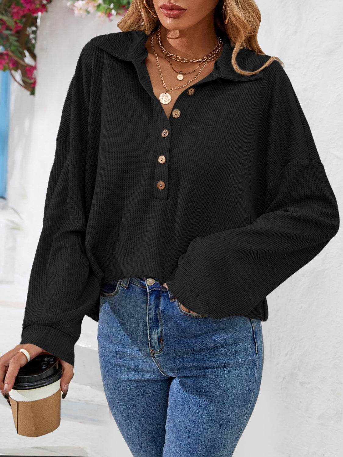Half Button Collared Neck Long Sleeve Top Trendsi 83d5c94967e34228a045fd476626ae00-Max
