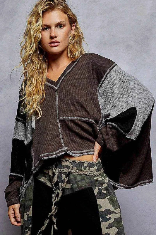 POL High-Low Hem Contrast Stitching V-Neck Top Dark Gray Trendsi 84229150-d649-43bf-b321-c38613bdb69a-Max-Origin