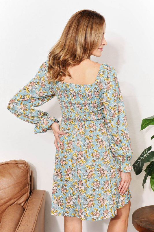 Honey Floral Smocked Flounce Sleeve Square Neck Dress Trendsi 84238fdc804741ff9cd73c87f0ace263-Max