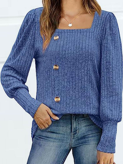Decorative Button Square Neck Top Dusty Blue Trendsi 843c1340e21745118f061504281239db-Max