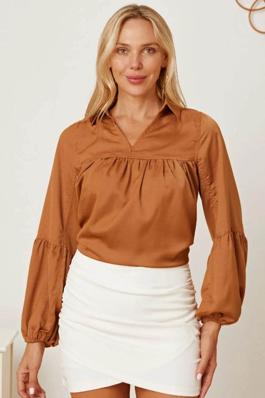 Balloon Sleeve Collared Neck Blouse Khaki Trendsi 8446d692-282b-409e-9f7e-565530df0f44-Max