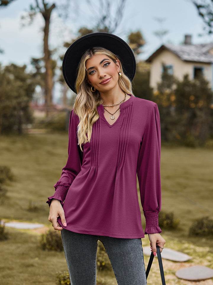 Notched Neck Flounce Sleeve Blouse Fuchsia Trendsi 8450aaa1de2e4564ae803959c37687ff-Max