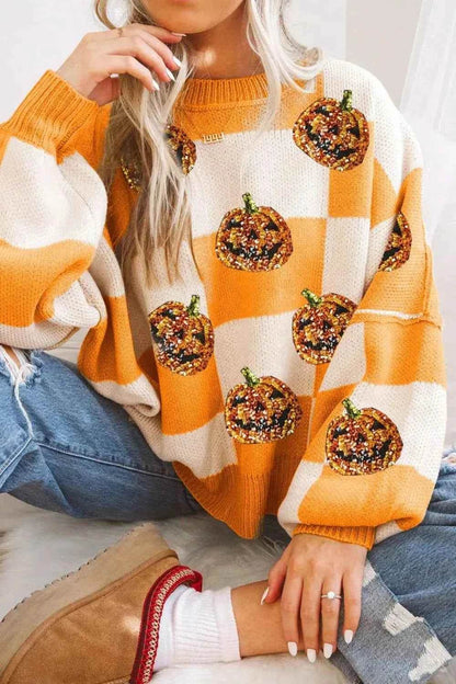 Pumpkin Checkered Round Neck Long Sleeve Sweater Tangerine Trendsi 847cf020-9342-4abb-98ad-369c52d76d03-Max