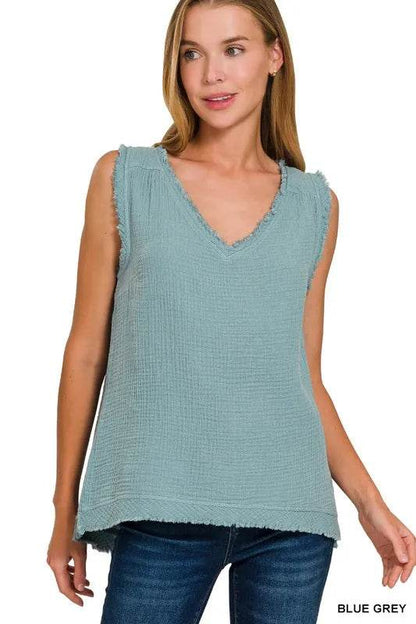 Zenana Double Gauze Raw Edge V-Neck Tank BLUE GREY Trendsi 847d58d5724d4330911a3faad8da23e8-Max-Origin