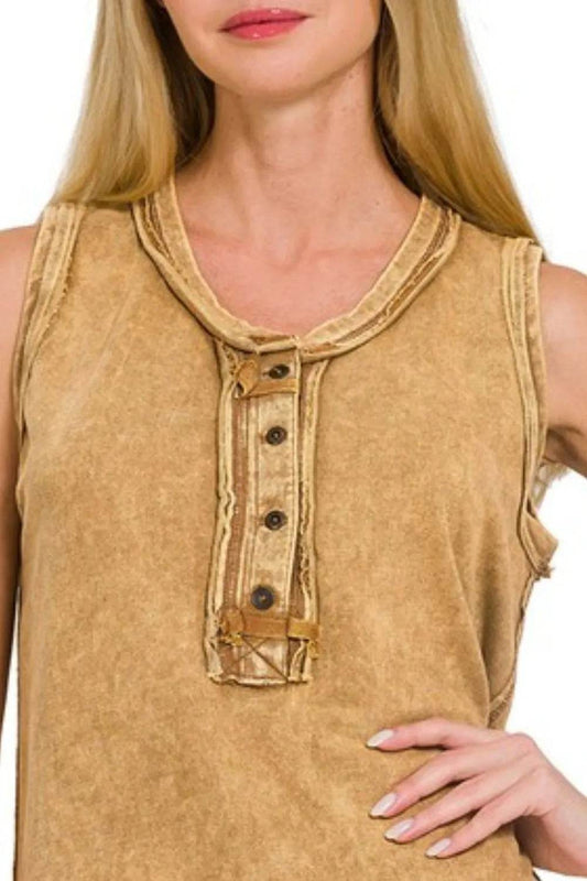 Zenana Washed Half-button Raw Edge Sleeveless Henley Top Trendsi 84b103c0-aac9-47bb-b51a-a1fcb9d61fdb-Max-Origin