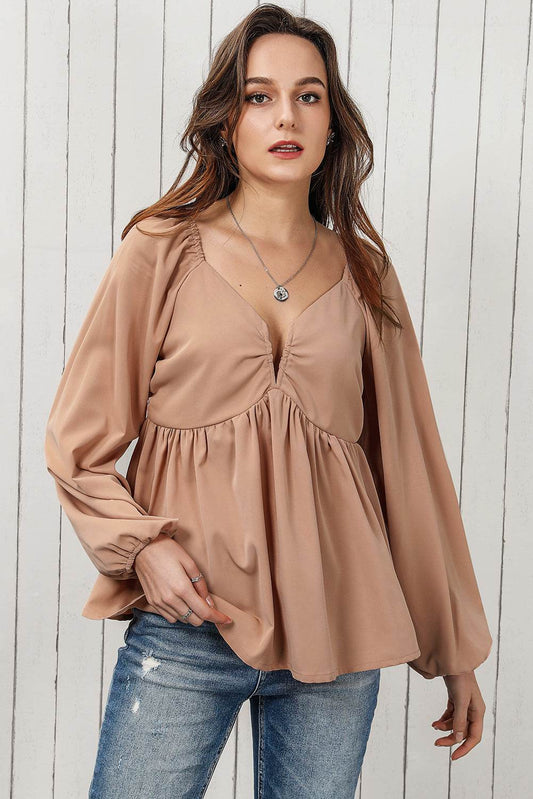 Tie Back Smocked Long Sleeve Babydoll Blouse Khaki Trendsi 84b8b41d258a410d9b9200f16b710c74-Max