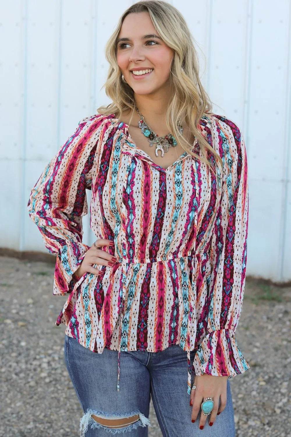 Multicolour Western Print Split Neck Peplum Blouse Trendsi 84d061bd4594490b92a20f9d74c76d79-Max