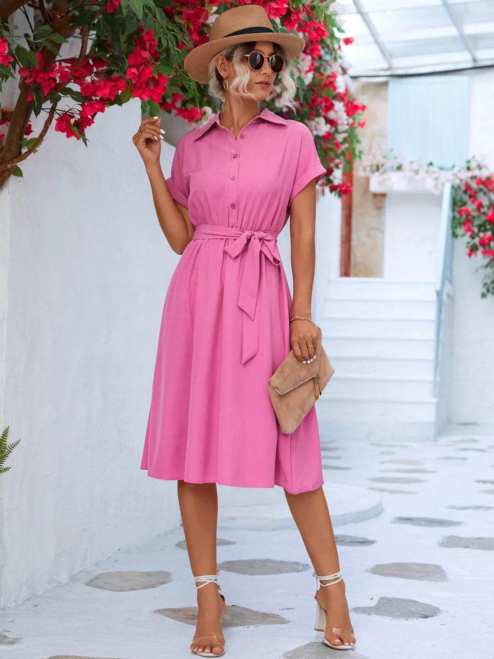 Buttoned Tie Waist Short Sleeve Dress Pink Trendsi 84fb2146-3bdd-473c-b6f5-0f1bdab14434-Max